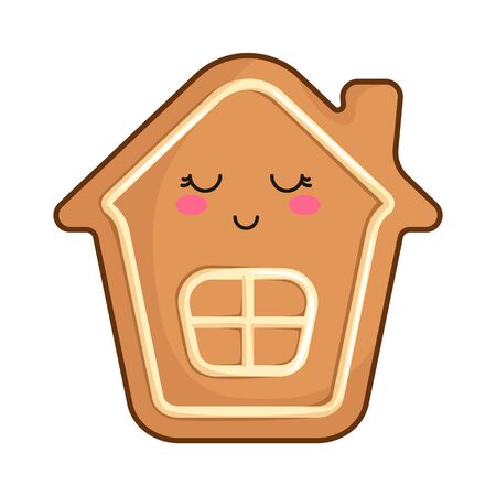 Kawaii Christmas gingerbread house - traditional sweet food, bakery, cookie, cute emoji face character, new year dessert - isolated colored illustration on white, vector iconのイラスト素材