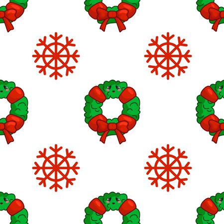 Christmas seamless pattern with floral firry wreath, bow and snowflake, endless texture for textile, scrapbook or wrapping paper, cute new year decoration - vectorのイラスト素材