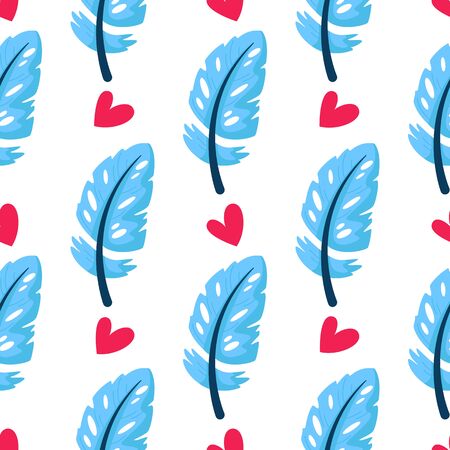 Valentine Day seamless pattern - cartoon blue feathers and pink hearts on white, gentle lovely holiday ornament or decor - vector romantic background, endlessetexture for wrapping, textile, printのイラスト素材