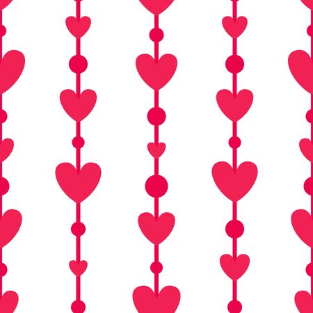 Valentine Day abstract seamless pattern - cartoon red and pink hearts on white, geometric shapes, romantic background, endless texture for wrapping, textile, scrapbookのイラスト素材