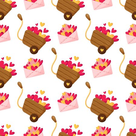 Valentine Day seamless pattern - cartoon pink envelope with love message, little hearts, wooden cart or wheelbarrow, holiday romantic mood, vector background for wrapping, textileのイラスト素材