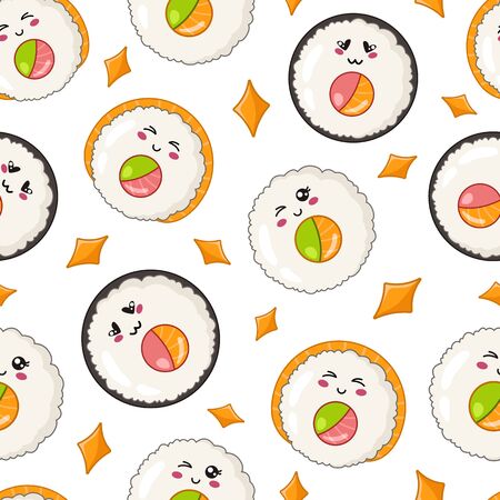 Kawaii sushi, sashimi and rolls - seamless pattern or background, cartoon emoji manga style, traditional Japanese or Asian cuisine and food isolated on white - vector for wrapping, textileのイラスト素材