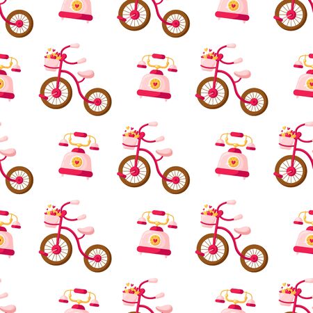 Valentine Day seamless pattern - cartoon pink bicycle with basket filled with small hearts, retro phone, holiday romantic mood, vector background, texture for wrapping, textile, fabric printのイラスト素材