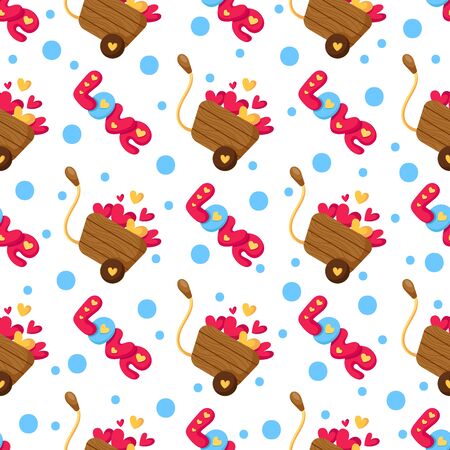 Valentine Day seamless pattern - cartoon little hearts, lettering word love, polka dot background, cute wooden cart or wheelbarrow, holiday romantic mood.のイラスト素材