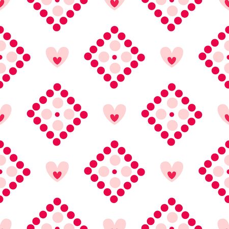 Valentine Day abstract seamless pattern - cartoon pink hearts, polka dot, rhombus on white, geometric shapes, romantic background, endless texture for wrapping, textile, scrapbookのイラスト素材