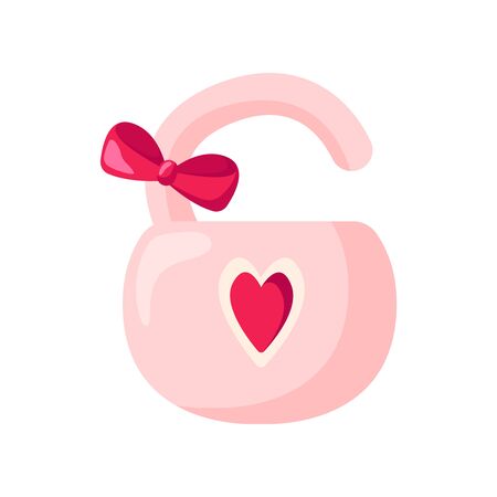 Valentine Day card, cartoon pink lock with bow on white, cute romantic holiday decor, symbol of eternal love - isolated cartoon object, illustration for postcard, print - vectorのイラスト素材