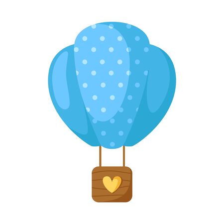 Blue hot air balloon for Valentine Day cartoon card - cute flat romantic stuff, holiday decorations in blue colors, isolated cartoon object on white, kids illustration for card, printのイラスト素材