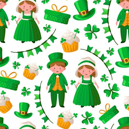 Saint Patrick day seamless pattern - kawaii cartoon boy and girl in retro dresses, shamrock, flags, garland, sweet cake, gift box - holiday vector background for wrapping, textile, digital paperのイラスト素材