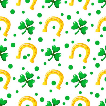 Saint Patrick day seamless pattern - shamrock or clover leaves and golden horseshoe for luck, polka dot ornament, simple traditional holiday vector background for wrapping, textile, digital paperのイラスト素材