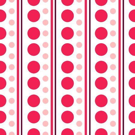 Valentine Day abstract seamless pattern - red and pink polka dot ornament, stripes on white, geometric shapes, vector romantic background, endless texture for wrapping, textile, scrapbookのイラスト素材