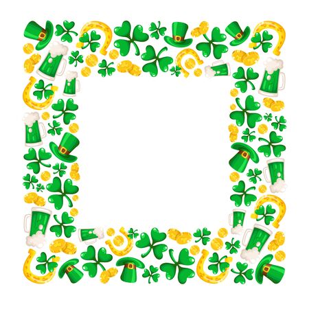 Saint Patricks Day frame - cartoon square compositon with shamrcock or clover leaves, golden coins, bowler hat, horseshoe and beer cup, traditional folk holiday symbols or festive decorations, vectorのイラスト素材