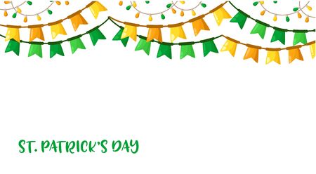 Saint Patricks Day seamless border frame - cartoon ccccolorful flags, lights garland, party deccor, border pattern on white background with text place, traditional holiday festive decorations, vectorのイラスト素材