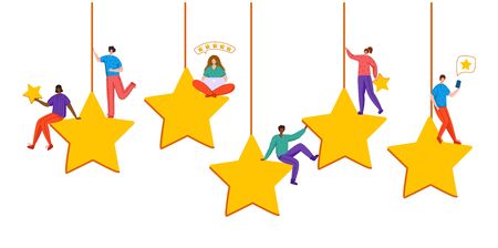 Client feedback or review concept, flat tiny people sitting on huge stars, happy customers, rank and...