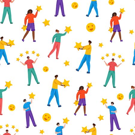 People with stars - Client feedback or review seamles pattern, online service evaluation, happy customers and their feedback, flat modern people and rating stars, smiles, likes, men and women, Vectorのイラスト素材