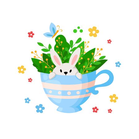 Cartoon Easter Day - funny rabbit in tea cup with leaves and spring flowers, floral bouquet, kids holiday illustration isolated on white, ideal for cute greeting postcards, prints, posters - vectorのイラスト素材