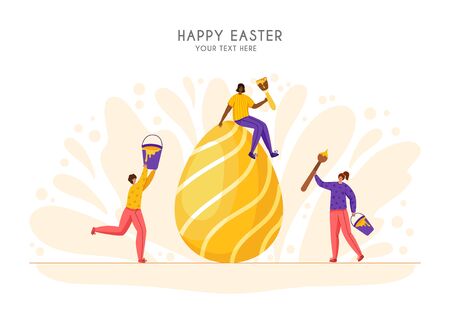Easter Day - miniature people decorate giant easter eggs, tiny man and woman with macro spring holiday objects, teamwork concept, ideal for banner, website, cards - vector flat or handdrawn charactersのイラスト素材
