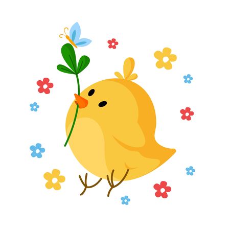 Cartoon Easter Day - little chicken witn green leaf and spring flowers, cute cartoon kids holiday illustration, isolated character on white, ideal for greeting postcards, prints, posters - vectorのイラスト素材