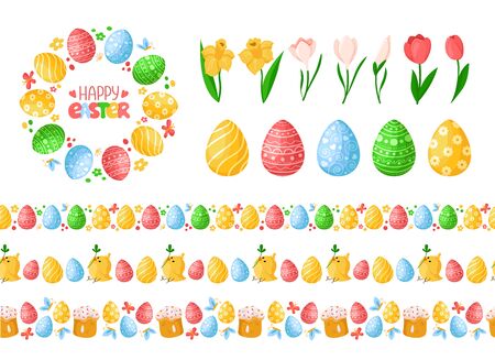 Easter Day seamless borders with easter eggs, chickens, cakes and wreath or round frame, lettering, endless bordure or stripe, isolated eggs and spring flowers on white - vector set for holiday decorのイラスト素材