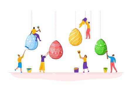 Easter Day - miniature people decorate giant easter eggs, tiny man and woman with macro spring holiday objects, teamwork concept, ideal for banner, website, cards - vector flat or handdrawn charactersのイラスト素材