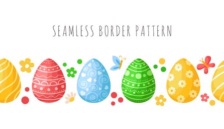 Easter Day - seamless border pattern with easter eggs, butterfly, flowers on white background, ornamented endless bordure or stripe for textile, fabric print, wrapping or scrapbooking paper - vectorのイラスト素材