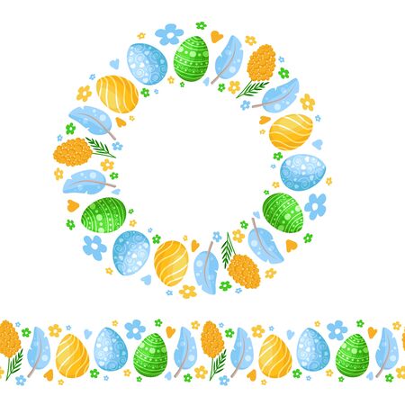 Easter Day - seamless border pattern with easter eggs, feather, flowers and wreath or round frame, ornamented endless bordure, stripe for textile, fabric, wrapping or scrapbooking paper - vectorのイラスト素材