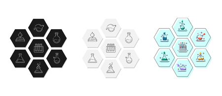 set of outline filled icons - laboratory flasks, measuring cup and test tubes for diagnosis, analysis, scientific experiment. Chemical lab and equipment. Isolated vector objects or signs in line styleのイラスト素材