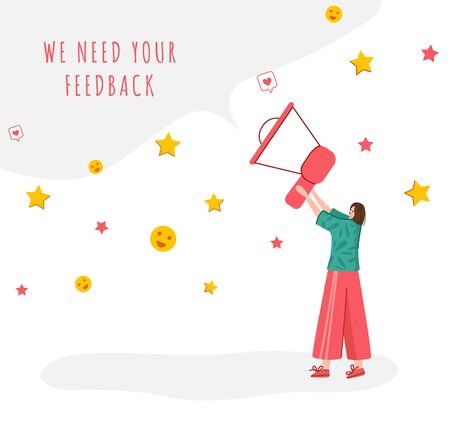 Client feedback concept, tiny girl with giant bullhorn and copy space, web banner with place for text, sending customers review and feedback, online service evaluation. flat people caracters, Vectorのイラスト素材