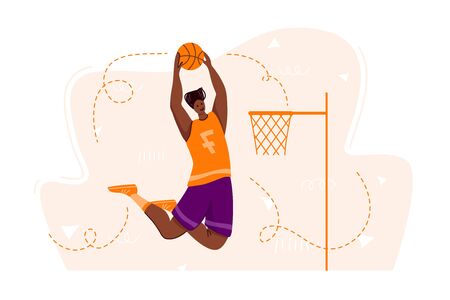 Basketball player with ball on playground, African American man playing match, guy jumping and holds sports ball, muscular black player train basketball, flat people - vector for poster, merch, printのイラスト素材