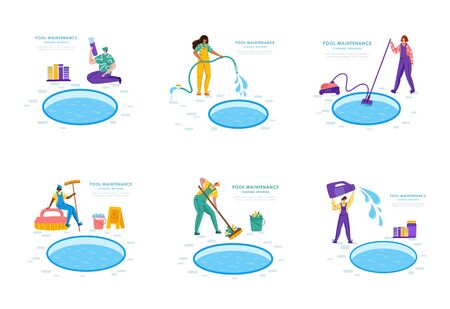 Pool maintenance or cleaning service, group of people in uniform, cleaning products for swimming pool, workers with equipment - test water, net, broom, flat vector for website, landing page, bannerのイラスト素材