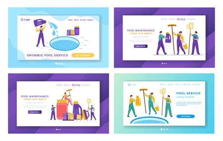 Landing page set - pool maintenance or cleaning service, miniature people in uniform, cleaning products for swimming pool, workers with equipment - test water, broom, flat vector template for websiteのイラスト素材