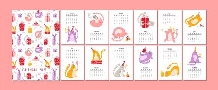 Cats birthday party calendar 2021 - funny kitten in festive hat, gift boxes and presents, birthday cake and drinks, big vector planner 12 month pages and cover, cartoon flat characters - templateのイラスト素材