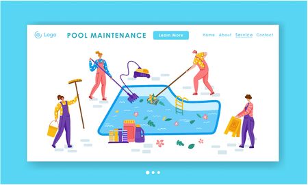 Landing page - Pool maintenance or cleaning service, group of miniature people in uniform, cleaning products for swimming pool, workers with equipment - test water, net, broom, flat vector for websiteのイラスト素材