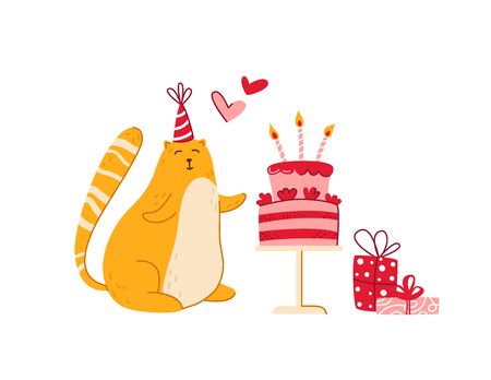 Cats birthday party greeting card - funny kitten in festive hat, gift box or present and sweet birthday cake, vector isolated cartoon flat character on white background for card, poster, clothes printのイラスト素材