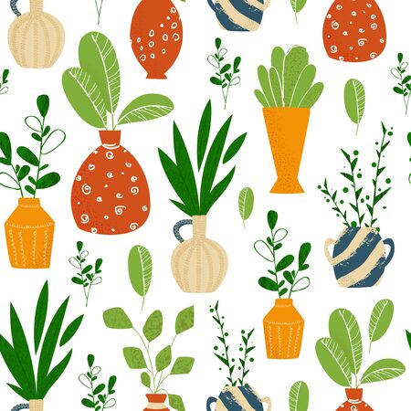 Indoor potted plants or home flowers seamless pattern on white backgroundのイラスト素材