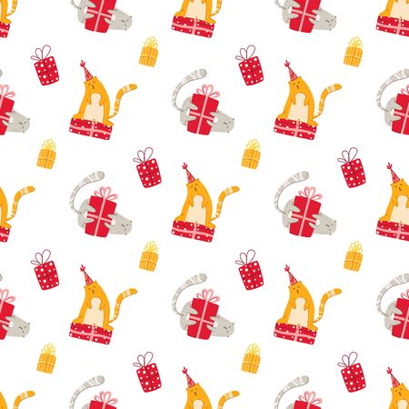 Cats birthday party seamless pattern - funny kitten in festive hat, gift boxes and presentsのイラスト素材