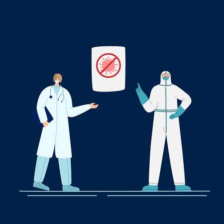 Coronavirus covid-19 concept - doctors or scientists in medical robe and protective suits and masks point to information poster, epidemic control, flat cartoon people isolated - vector illustrationのイラスト素材