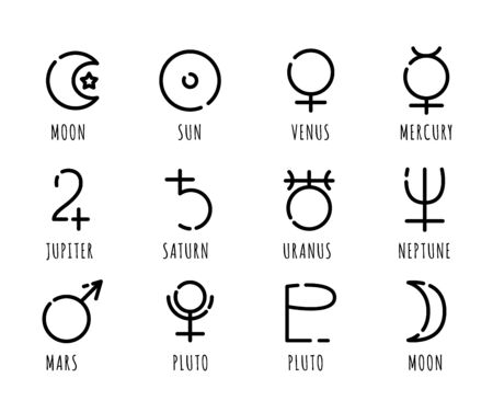 Outline astrology vector icons set - symbols signs for astrology, constellations and planets. Esoteric magic concept. Black outline isolated on white - for gui, web, infographics, appsのイラスト素材