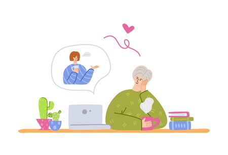 Elderly people and online communication - young adult girl calls grandparents, online chatting and video call concept, social distance isolation and connection with devices vector illustrationのイラスト素材