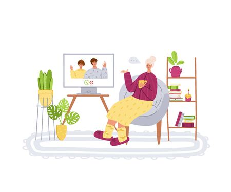 Elderly people and online communication - young relatives call grandparents, online chatting and video call concept, social distance isolation and connection with devices vector illustrationのイラスト素材