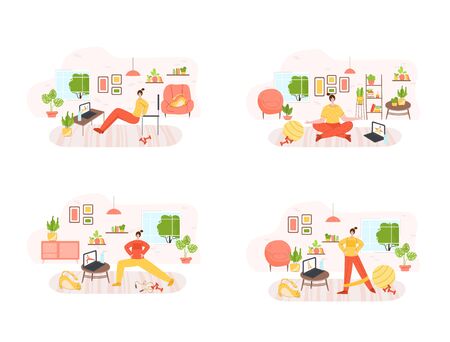 The girl doing sports exercises at home with trainer by internet - online training or workout concept. Home fitness for people health. Indoor sport with chair and other home equipment - vector setのイラスト素材