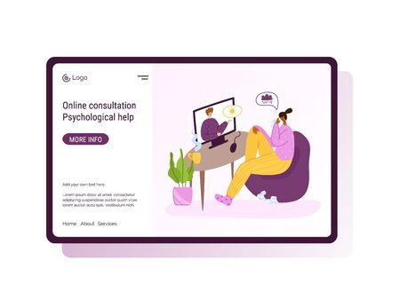 Psychological online services landing page template - distance support at home by internet. Upset girl crying and talking with psychologist, individual helpful therapy session or consultation vectorのイラスト素材