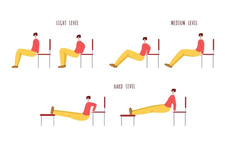 Woman doing sport - instruction for home workout, push ups with chair light and hard level, fitness activity for people health. Girl doing exercises in living room - vector illustration set on whiteのイラスト素材