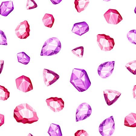 Crystal seamless pattern - colorful blue, golden, pink, violet, rainbow crystals or gems on white background, endless background with gemstones, minerals, diamonds, flat vector for textile, wrappingのイラスト素材