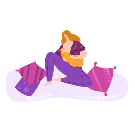 Breast feeding and happy motherhood, Young mother nursing baby, flat cartoon female character. Maternity leave, natural feeding concept. Woman breastfeeding her child indoors. flat vector illustrationのイラスト素材