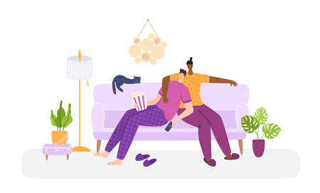 LGBT concept - couple of gay men together in living room chatting, watching tv. Same sex young male romantic couple in their daily routine. Sweet evening together at home, flat cartoon vectorのイラスト素材