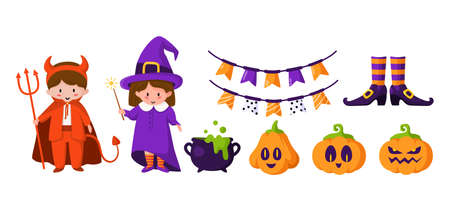 Cartoon Halloween cute girl and boy, funny kids characters in costumes of witch and devilのイラスト素材
