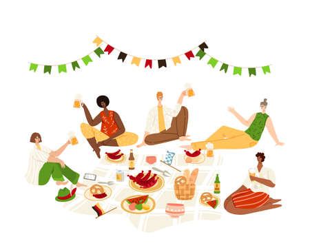 Oktoberfest or beer festival event, group of people having a picnic togetherのイラスト素材