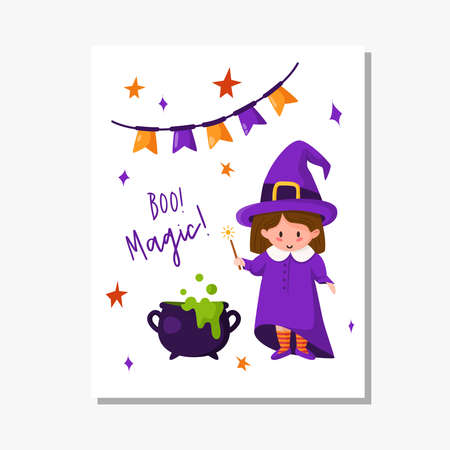 Halloween cartoon greeting card or nursery poster - baby girl in halloween costumes of witch, cauldron with potion, flags garland, copy space for your text, traditional holiday vector templateのイラスト素材