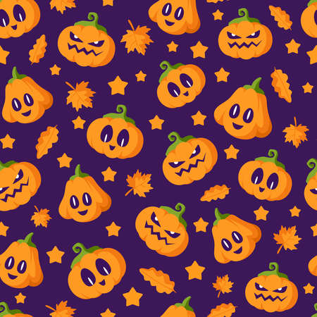 Halloween cartoon seamless pattern - creepy pumpkin lanterns with scary faces and autumn leaves, traditional holiday halloween symbols on dark violet background, vector seamless textureのイラスト素材