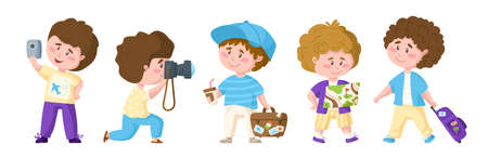 Traveling cartoon cute boys, kids travel or vacation clipart bundle, people characters with trip suitcase, camera, mobile phone, map, coffee cup, hat - isolated elements on white background - vectorのイラスト素材